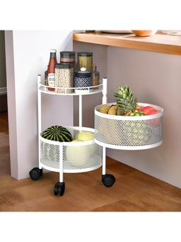 Kuber Industries - 2-Tier Rotating Multipurpose Storage Rack Trolley With Wheels-White