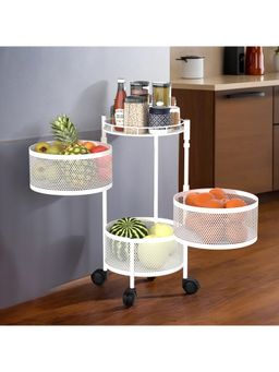 Kuber Industries - 3-Tier Rotating Multipurpose Storage Rack Trolley With Wheels-White