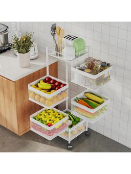 Kuber Industries - 5-Tier Revolving Multipurpose Storage Rack With Wheels-White