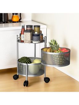 Kuber Industries - 2-Tier Rotating Multipurpose Storage Rack Trolley With Wheels-Silver