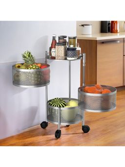 Kuber Industries - 3-Tier Rotating Multipurpose Storage Rack Trolley With Wheels-Silver