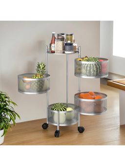Kuber Industries - 4-Tier Rotating Multipurpose Storage Rack Trolley With Wheels-Silver