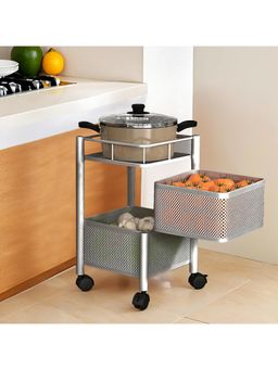 Kuber Industries - 2-Tier Revolving Multipurpose Storage Rack With Wheels-Silver