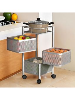 Kuber Industries - 3-Tier Revolving Multipurpose Storage Rack With Wheels-Silver