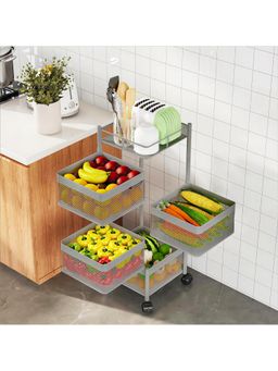 Kuber Industries - 4-Tier Revolving Multipurpose Storage Rack With Wheels-Silver