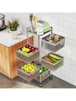 Kuber Industries - 5-Tier Revolving Multipurpose Storage Rack With Wheels-Silver