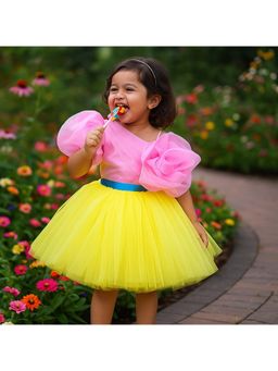 Pink Blue India - Girls Net Yellow Solid Dress