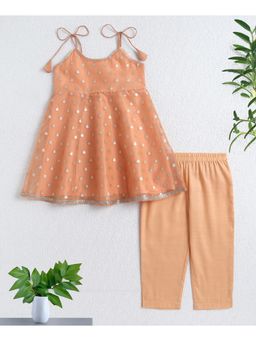 The Magic Wand - Girls Chanderi Orange Geometric Kurti With Pant