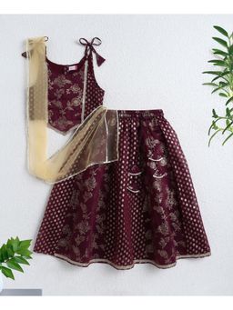 The Magic Wand - Girls Wine Floral Choli With Lehenga And Dupatta
