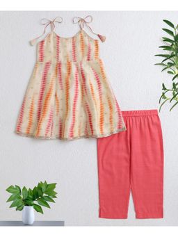 The Magic Wand - Girls Chanderi Cream Tie & Dye Kurti With Pant