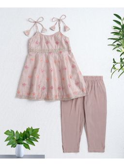 The Magic Wand - Girls Peach Embroidered Kurti With Pant