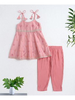 The Magic Wand - Girls Pink Embroidered Kurti With Pant