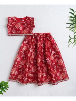 The Magic Wand - Girls Maroon Floral Choli With Lehenga And Dupatta