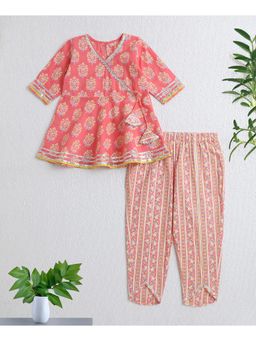 The Magic Wand - Girls Peach Floral Kurti With Dhoti Pant