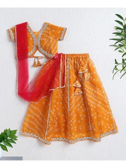 The Magic Wand - Girls Mustard Printed Choli With Lehenga And Dupatta