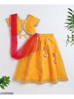 The Magic Wand - Girls Yellow Stripes Choli With Lehenga And Dupatta