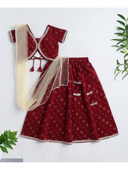 The Magic Wand - Girls Maroon Printed Choli With Lehenga And Dupatta