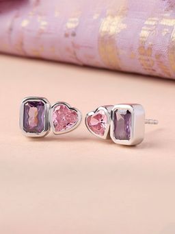 Ornate Jewels - 925 Silver Heart Pink American Diamond Toi Et Moi Earring for Women & Girls