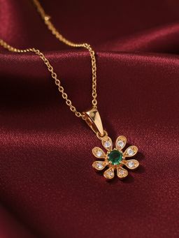Ornate Jewels - 925 Silver 18K Gold Plated Green Emerald Flower Pendant with Chain for Women & Girls