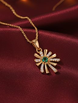 Ornate Jewels - 925 Silver 18K Gold Plated Green Emerald Flower Pendant with Chain for Women & Girls