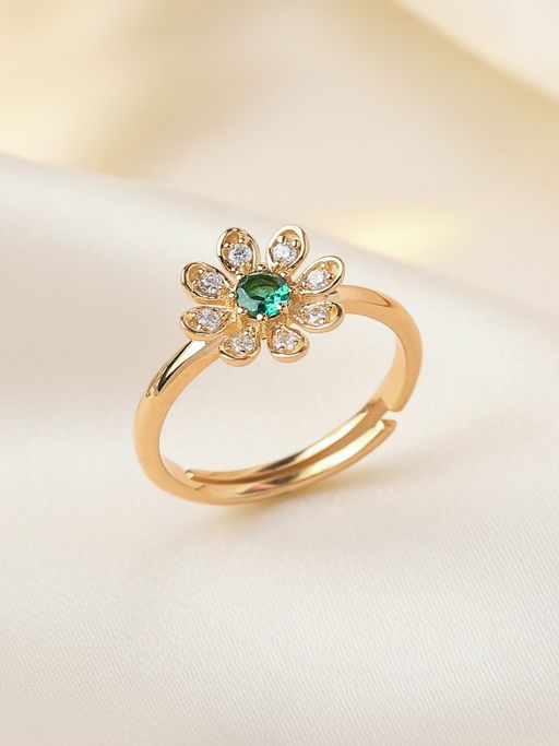 Ornate Jewels 925 Silver 18K Gold Plated Round Green Emerald Adjustable Ring for Women & Girls