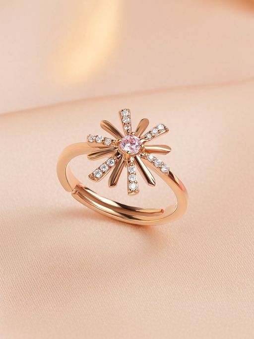 Ornate Jewels 925 Silver 18K Rose Gold American Diamond Sparkles Adjustable Ring for Women & Girls