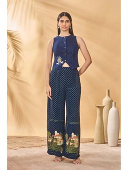 Masaba - Blue Paw Tree Denim Waistcoat with Pant (Set of 2)