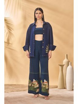 Masaba - Blue Midnight Trellis Palm Bustier with Shirt and Pant (Set of 3)