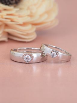 Ornate Jewels - 925 Silver American Diamond Heart Adjustable Couple Ring For Men & Women