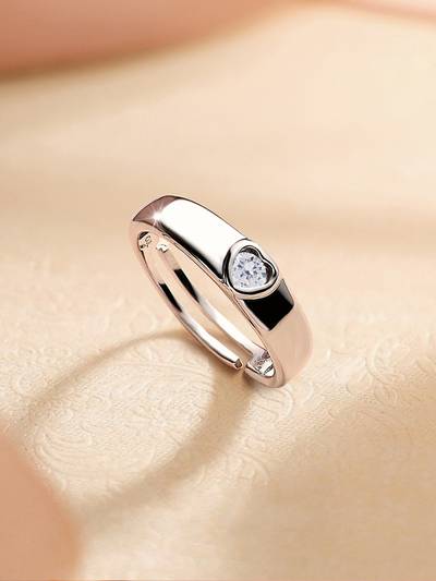 925 Silver 0.2 Carat American Diamond Heart Adjustable Ring For Women & Girls