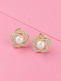 Ornate Jewels - 925 Silver Yellow Gold 6 MM Freshwater Pearl Flower Stud Earring for Women & Girls