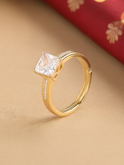 Ornate Jewels - 925 Silver Yellow Gold 2 Carat American Diamond Adjustable Ring for Women & Girls