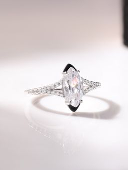 Ornate Jewels - 925 Silver Marquise American Diamond Black Enamel Ring for Women & Girls