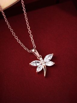 Ornate Jewels - 925 Silver Rose Gold American Diamond Butterfly Pendant With Chain for Women & Girls