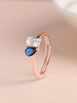 Ornate Jewels - 925 Silver Rose Gold Blue Sapphire Toi Et Moi Adjustable Ring for Women & Girls