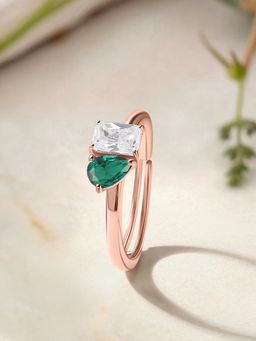 Ornate Jewels - 925 Silver Rose Gold Green Emerald Toi Et Moi Adjustable Ring for Women & Girls