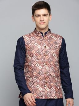 SHOWOFF - Mens Printed Brown Polyester Nehru Jacket
