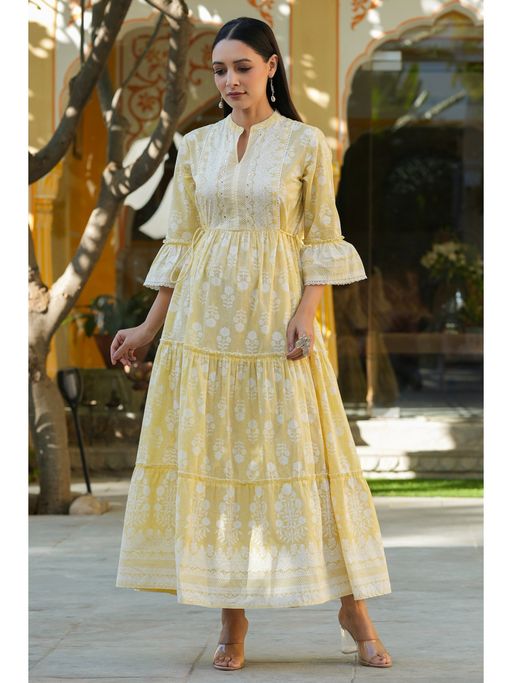 Buy Juniper Lemon Yellow Ethnic Motif Printed Pure Cotton Tiered Maxi Dress  with Sequins work Online