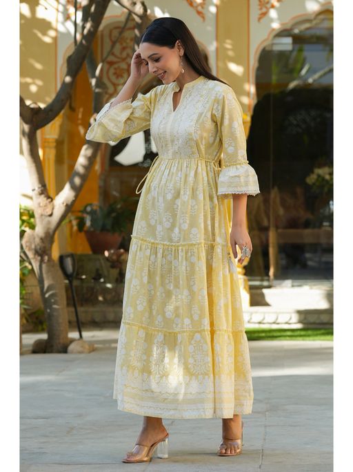 Buy Juniper Lemon Yellow Ethnic Motif Printed Pure Cotton Tiered Maxi Dress  with Sequins work Online