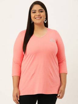 theRebelinme - Plus Size Women Dark Peach Solid V-Neck T-Shirt