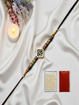 Accessher - Gold Om & Pearl Symbol Dori Rakhi for Brother with Card & Kumkum Chawal