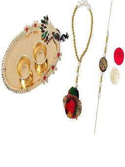 Accessher - Gold Bhaiya Bhabhi Lumba Rakhis with Peacock Thali & Roli Chawal