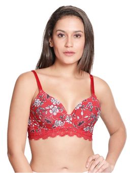 Shyaway - Women Fiery Red Floral Printed Padded Wired Bottom Lace Bra