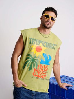 Bene Kleed - Olive Printed Regular Tank T-shirt