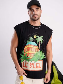 Bene Kleed - Black Printed Oversized Tank T-shirt