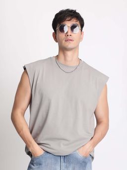 Bene Kleed - Grey Solid Oversized Tank T-shirt