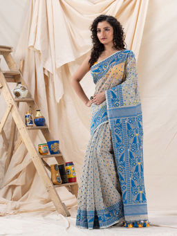 Angoshobha - Traditional Deep Beige & Blue Soft Dhakai Jamdani Saree with Unstitched Blouse