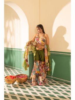 Tussya by Shreya - Gotta Multi-Color Kinari Blouse with Sharara and Dupatta (Set of 3)