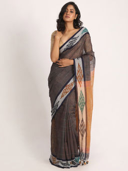 Angoshobha - Kotki Border Dark Grey Cotton Blended Handloom Saree with Unstitched Blouse