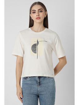 Van Heusen - Women Cream Graphic Print Casual Round Neck T-Shirt